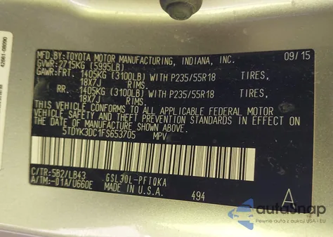 2015 Toyota Sienna Limited Premium 7 Passenger z USA, uszkodzony, nr VIN 5TDYK3DC1FS653705